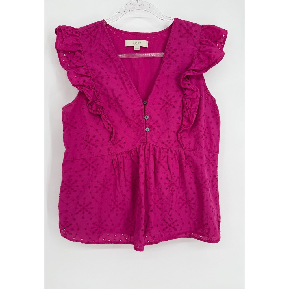 LOFT Womens Magenta Pink Eyelet Ruffle V-Neck Peplum Sleeveless Top‎ Sz M